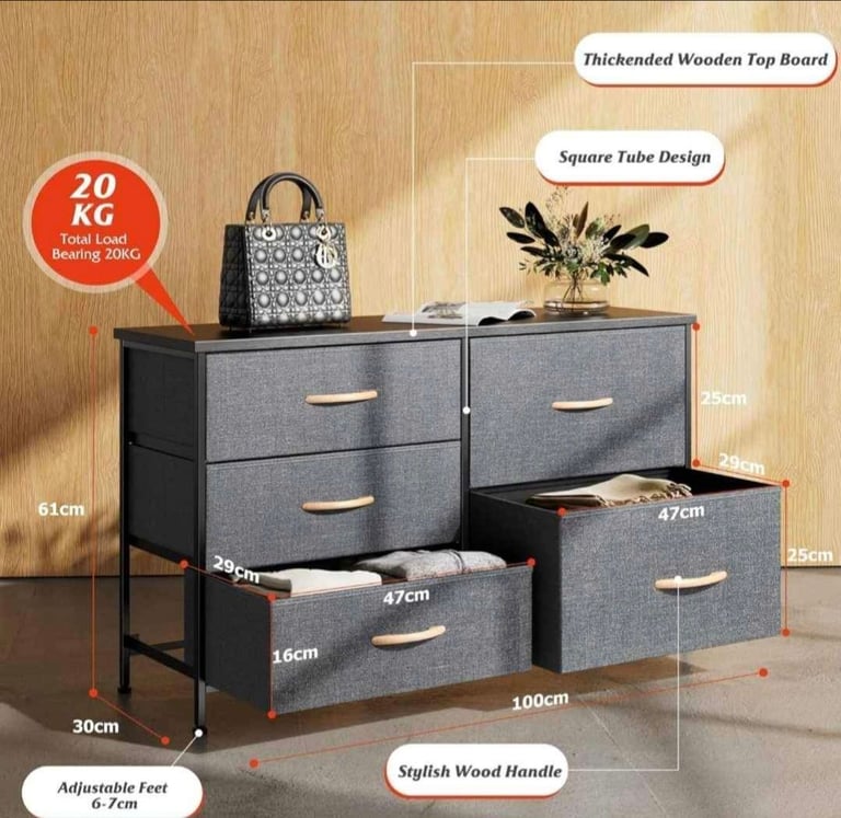 Dresser for Bedroom with 5 Drawers, Storage Organizer, Wide Chest of Drawers. RRP £89.99 Brand new.