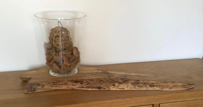 image for Oak Ornate Centre Piece with Glass Vase Candle Holder