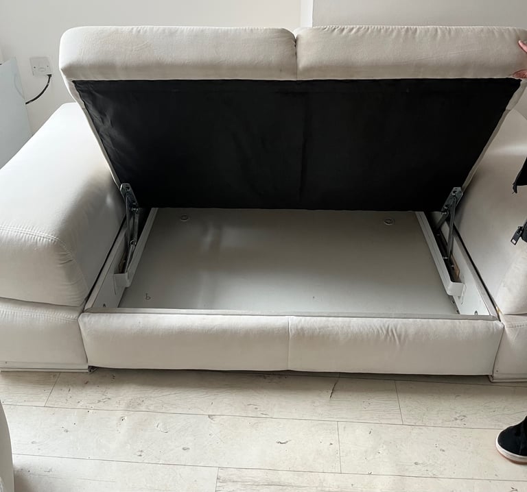 White 2 seater with storage underneath and large armchair