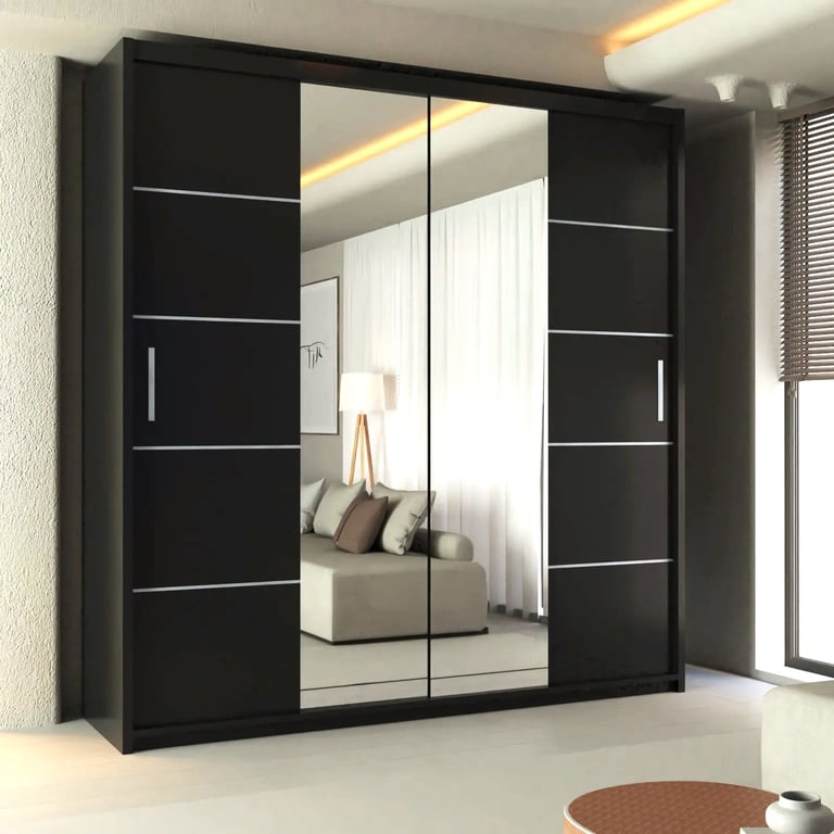Brand New 2 or 3 Doors Sliding Wardrobe with Mirrors & Drawers in Black Grey White Oak