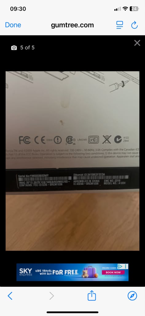 IMAC 20 apple computer for sale until 5th November 