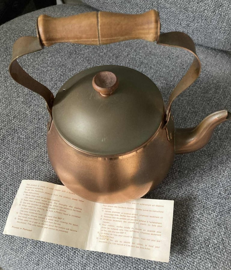 image for Vintage solid copper kettle with wooden handle