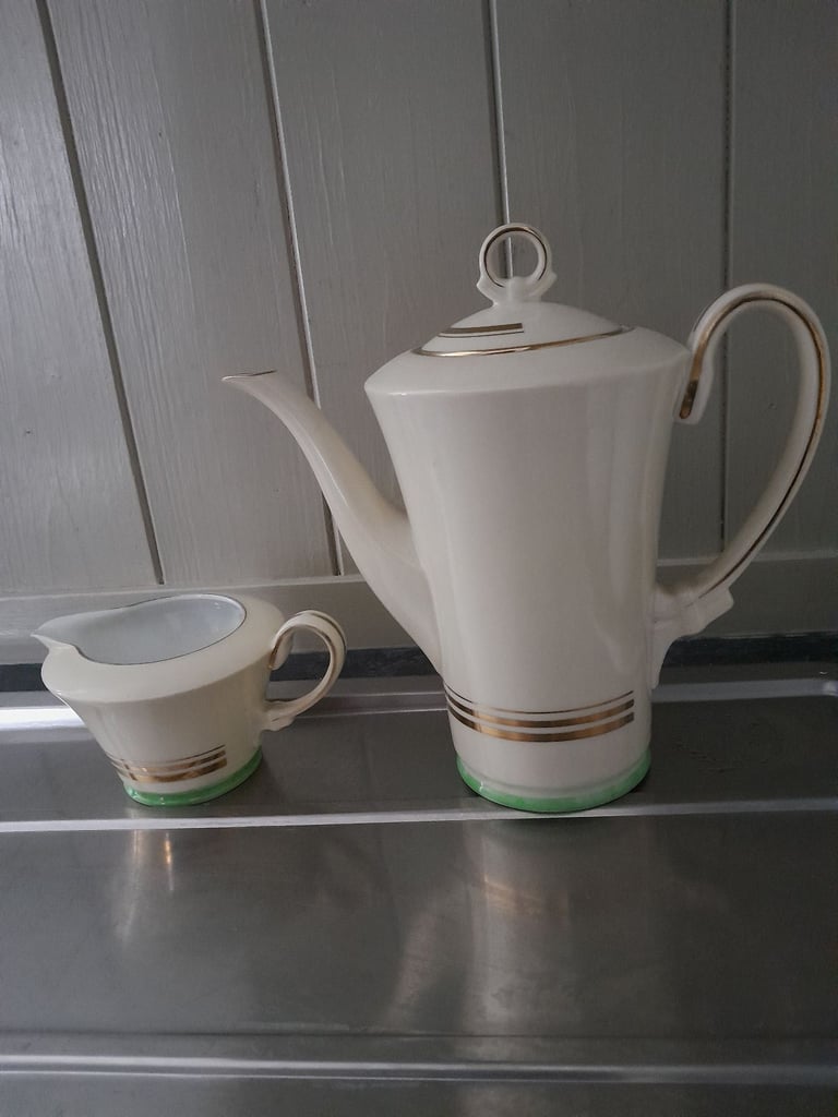 image for noritake china coffee pot and creamer/milk jug - cream with green and gold band