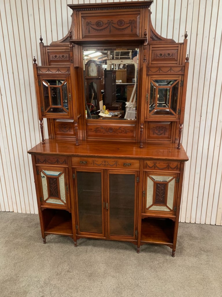 Display Cabinet/ Dresser Antique Edwardian Mirror Back Walnut 