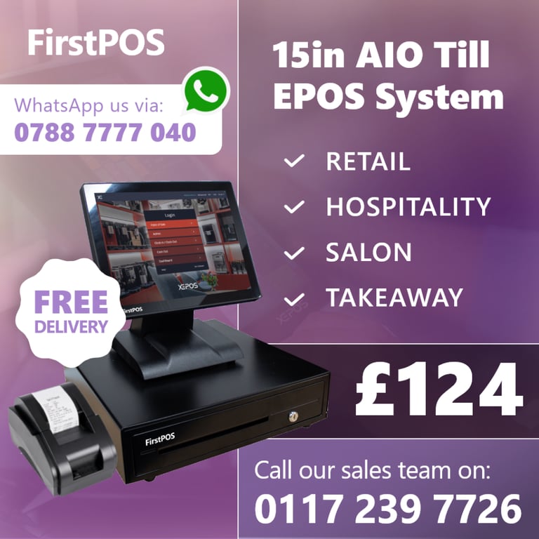 15 Inch Touchscreen EPOS POS Cash Register Till System for Retail, Hospitality, Takeaway and Salon