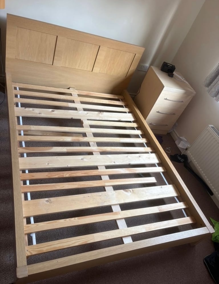 Solid Sturdy Light Oak Maple Double Bed Frame Wooden Slats Teenager Student Landlord Rental Guest