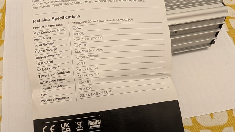 Streetwise 500w continual or 1000w peak inverter