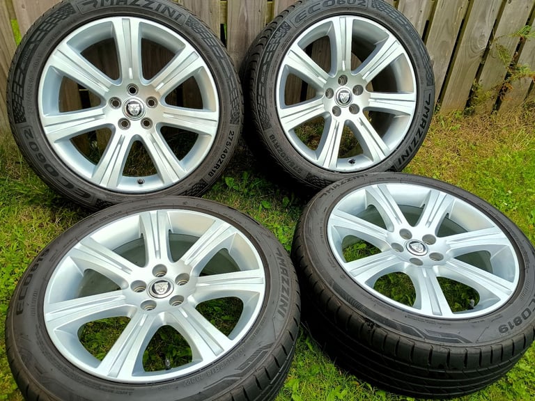18" JAGUAR XK COUPE ALLOYS 5x108 8.5J/9.5J SPLIT WIDTH WHEELS EXCELLENT TYRES XF XE XJ
