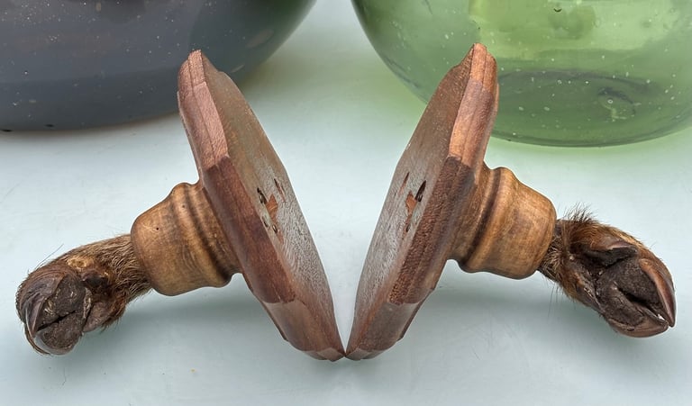 VINTAGE FRENCH TAXIDERMY WILD BOAR HOOVES COAT HOOKS, SANGLIER HOOF HUNTING RACK - WILL POST!