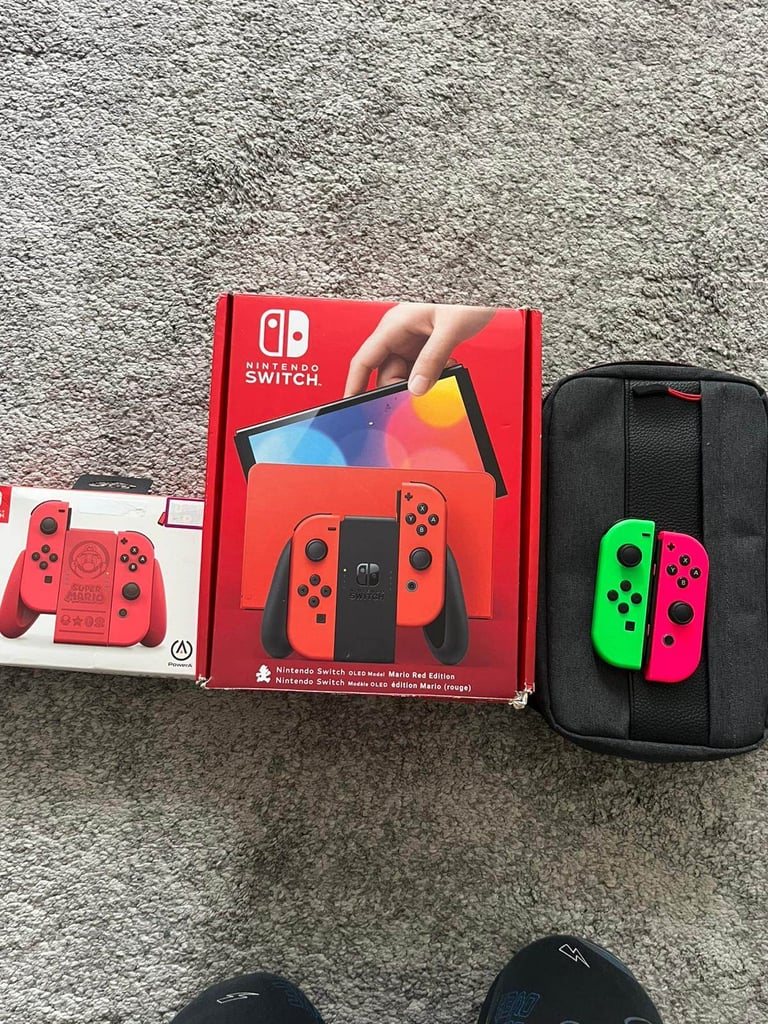 image for Nintendo Switch OLED (Mario Red Edition) – with box, case and spare joy cons