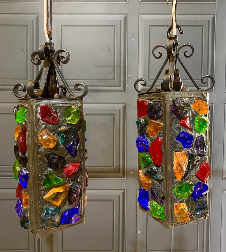 SOLD Pair of Vintage Mid Century Peter Marsh Leaded Rock Glass & Wrought Iron Lantern Lamps 50s 70s