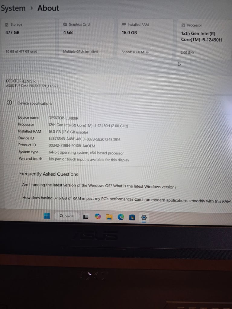 Gaming Laptop Asus TUF Dash F15 15.6" Intel i5-12450H/RTX3050Ti/16GB RAM/512GB SSD/Windows 11