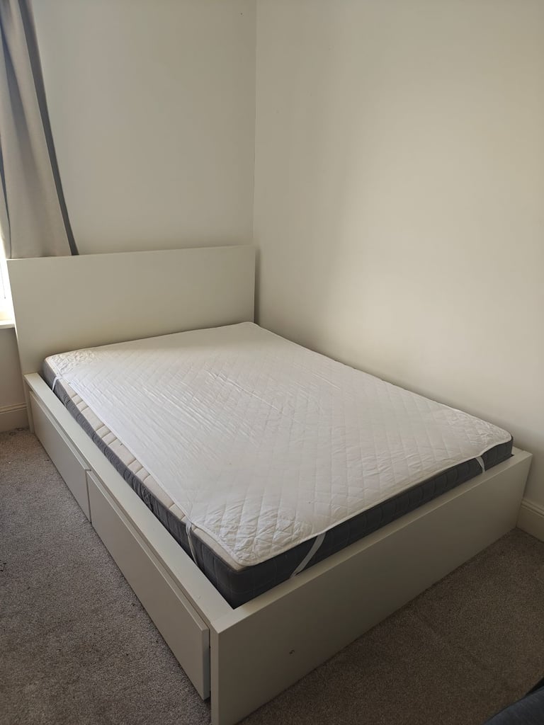 image for Double bed + Mattress + Protector (IKEA Malm)