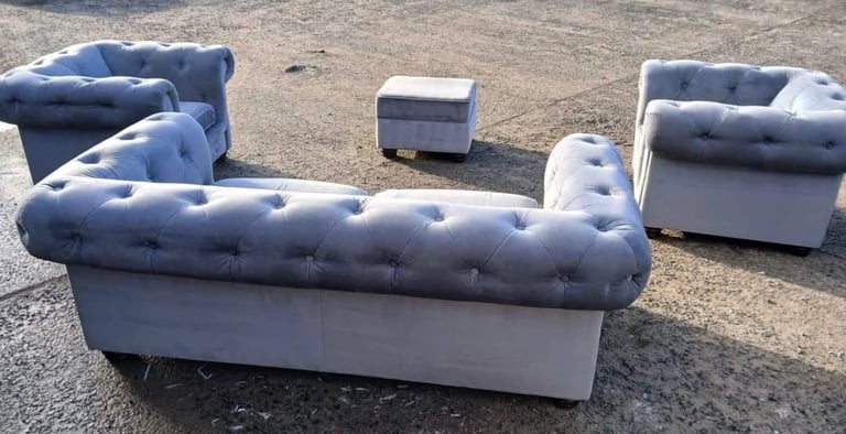 Beautiful Grey Velvet 3 Seater, 2 Single Chairs and Matching Footstool Sofa Set