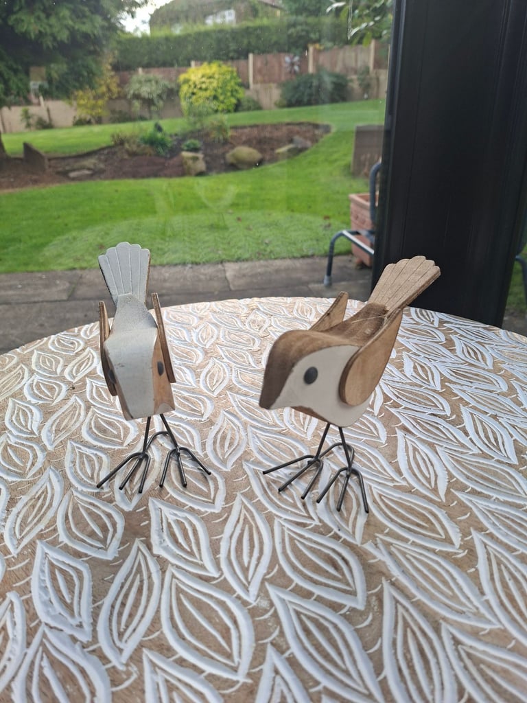 image for 2 x wooden birds in brown and cream
