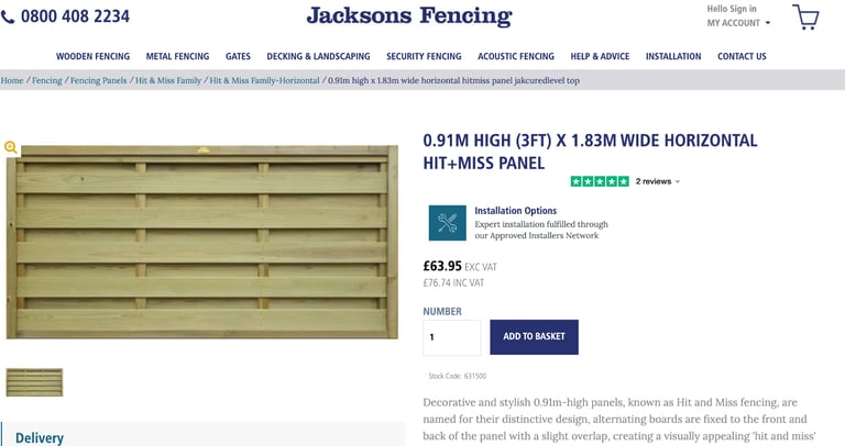 2 x Jacksons Fencing 0.91 m High (3FT) x 1.83 m Wide Horizontal Hit + Miss Fence Panels
