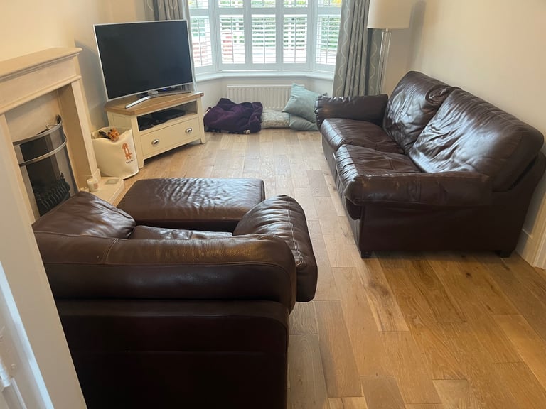 John Lewis Brown Leather 3 seater Sofa, chair and puff with storage