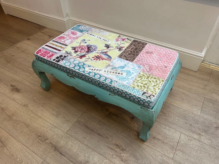 image for Hand-Painted Vintage Footstool / Low Coffee Table – Shabby Chic Boho Patchwork Upholstery