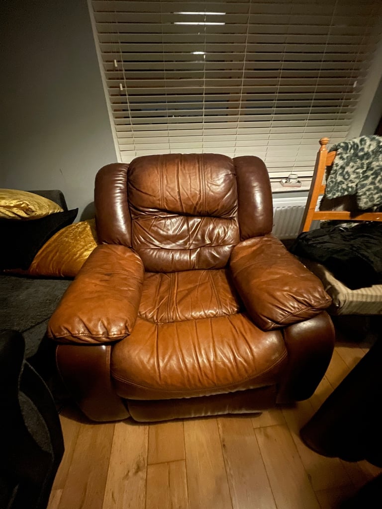 image for Single reclining brown leather arm chair 
