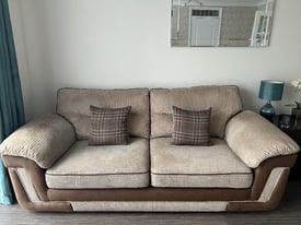 Ex SCS Beige with brown trim 3 seater sofa and swivel cuddle chair