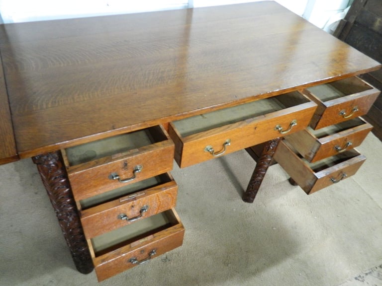 Solid Oak Heavily Carved Pedestal desk