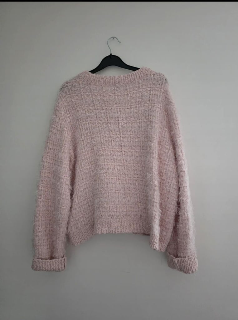 H&M Divided Pink Fluffy Knitted Cardigan With Rhinestone Buttons