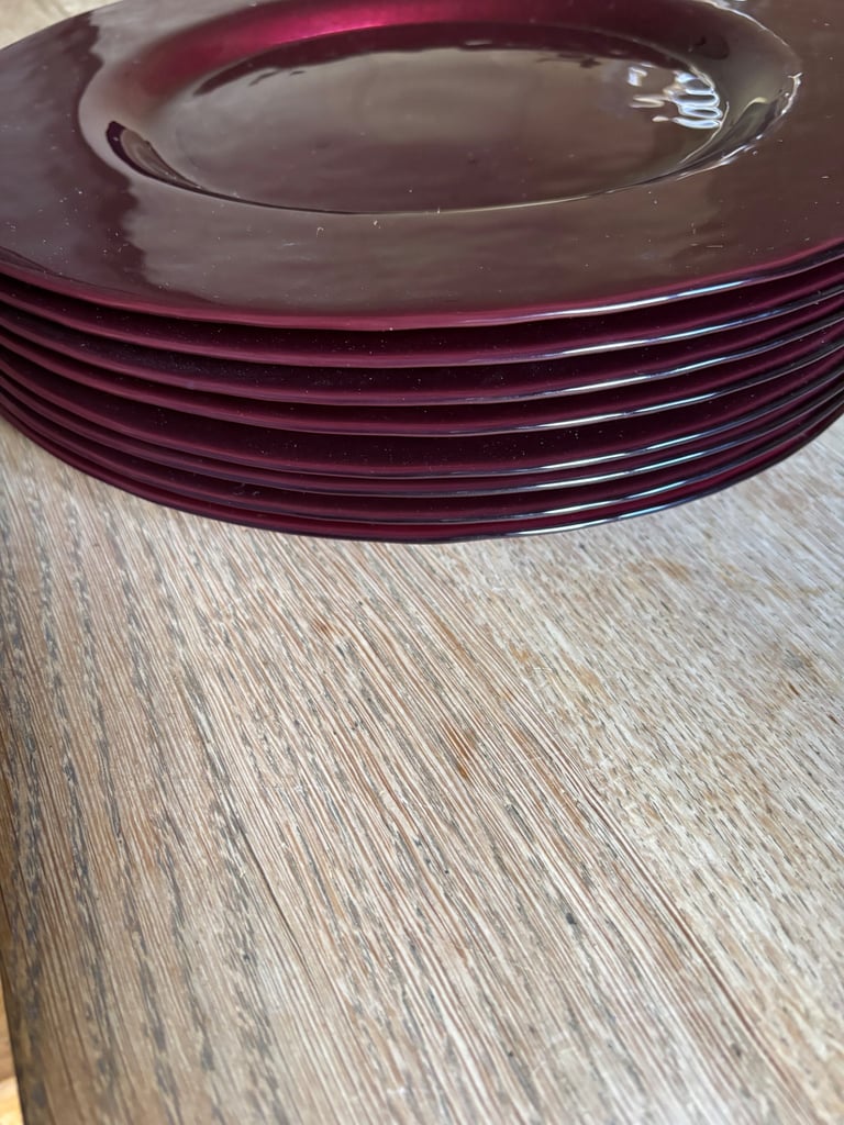 8 large red glass charger plates
