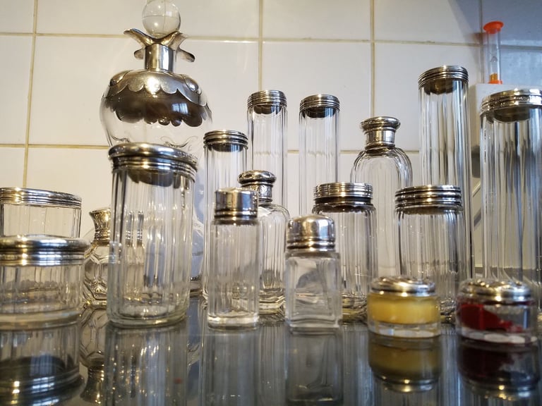 Antique Vanity Jars With Sterling Silver Lids.