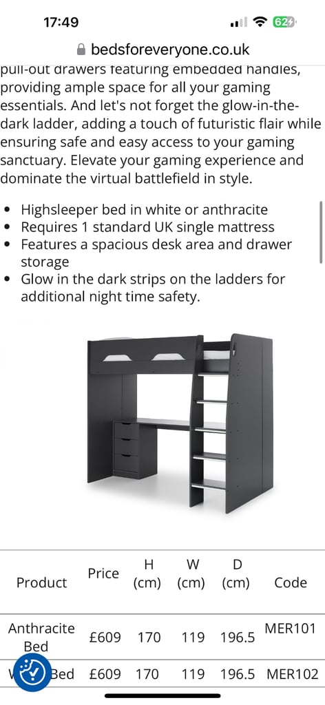 **NEW IN BOX** Mercury High Sleeper Gaming Bed With Under Desk CURRENTLY SELLING IN SHOPS FOR £609