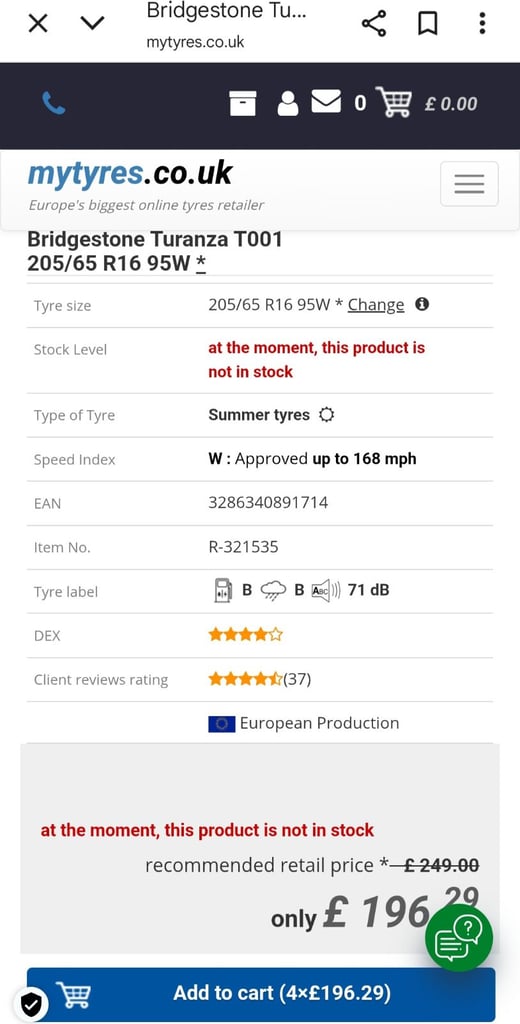 1 Bridgestone Turanza T001 205/65/16 95W Nearly New Tyre with 7mm Tread (£196 New)