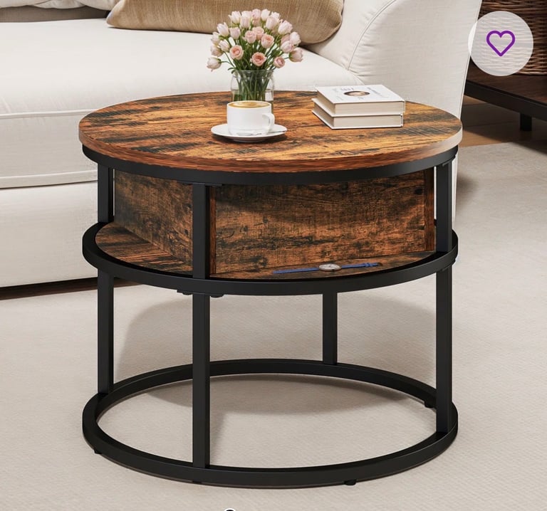Round Lift Top Coffee Table with Storage Wood for Home Living Room Office Brown