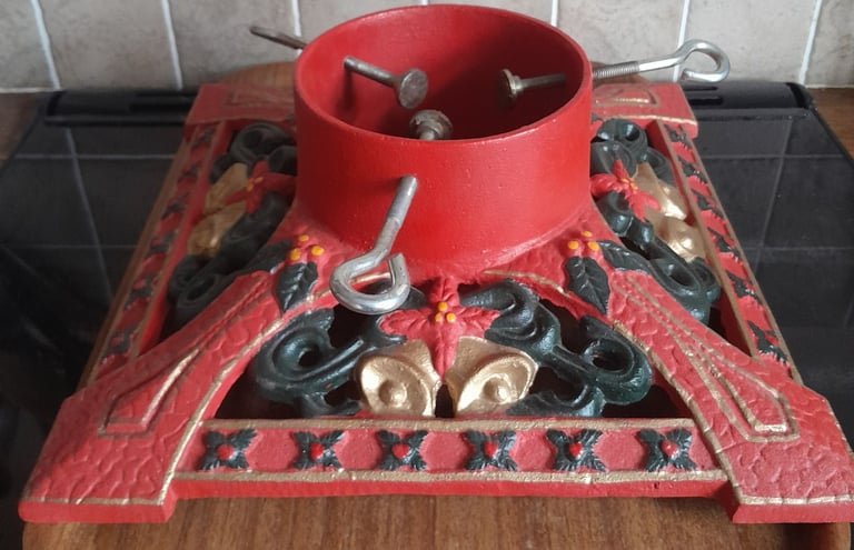 Cast Iron Square Red Stand Victorian Decorated for Real Christmas Tree up to 8ft