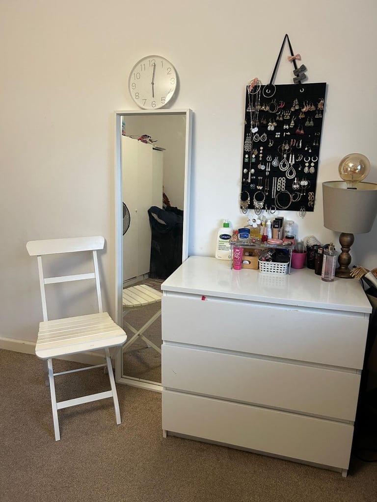 image for IKEA malm chest of drawers with matching chairs and mirror and clock