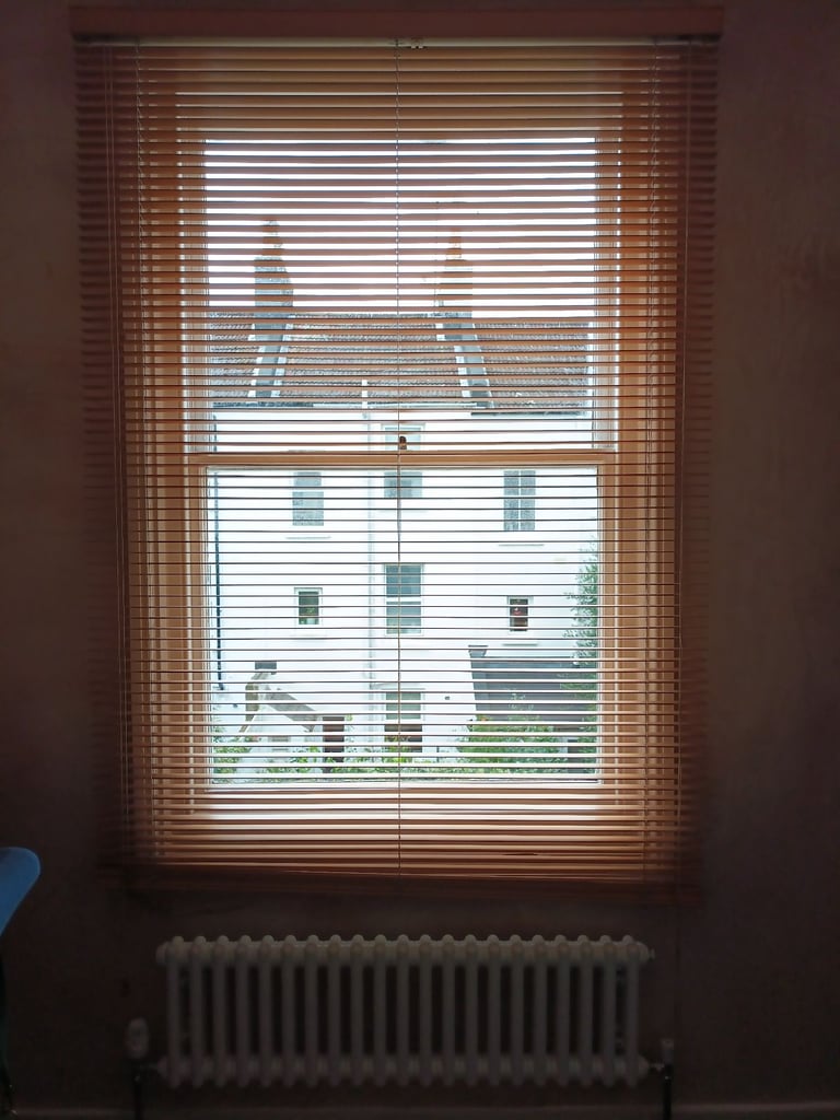 Wooden venetian blinds, extra long drop.