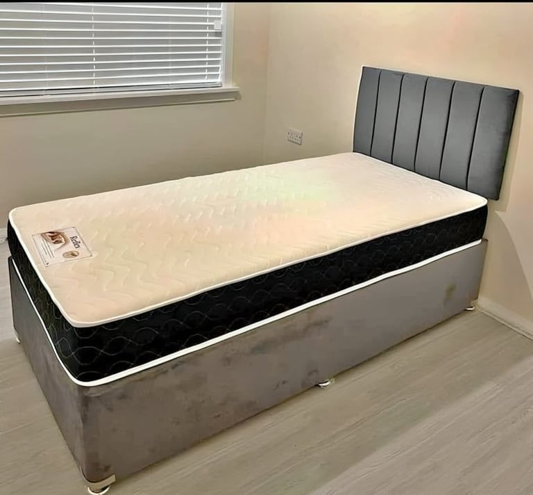 image for Beautiful Penal Line Bed ]] Divan Plush Velvet - Single Bed With Mattress ]]
