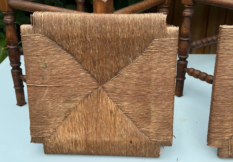 VINTAGE FRENCH BOBBIN LEG CHAIRS, CORNER CHAIRS, RUSH SEAT, H74cm - 1900s ARTS & CRAFTS - WILL POST!