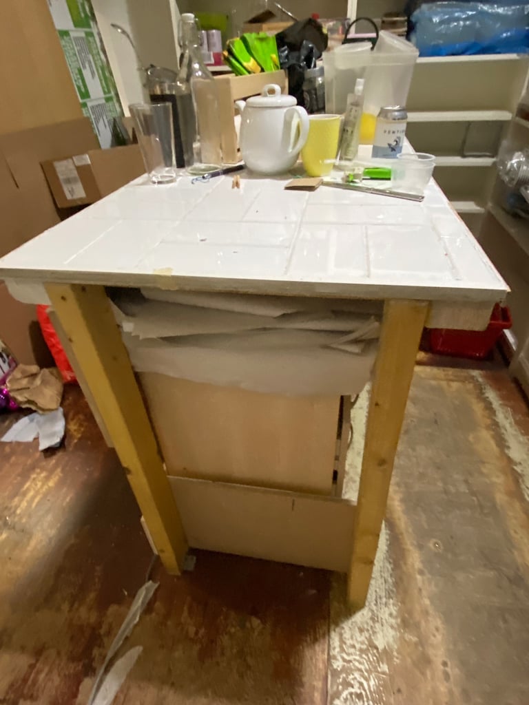 Handmade wooden and tile table worktop for workshop