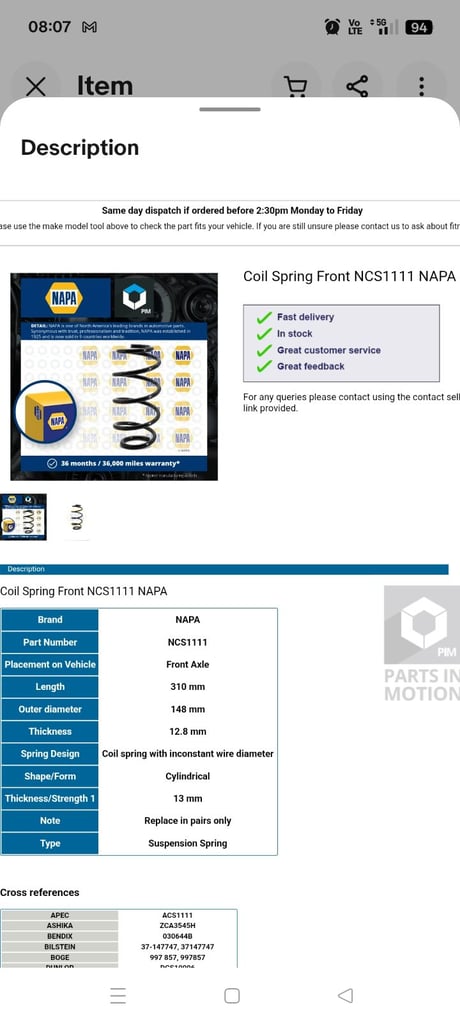 Napa NCS 1111  suspension springs X 2