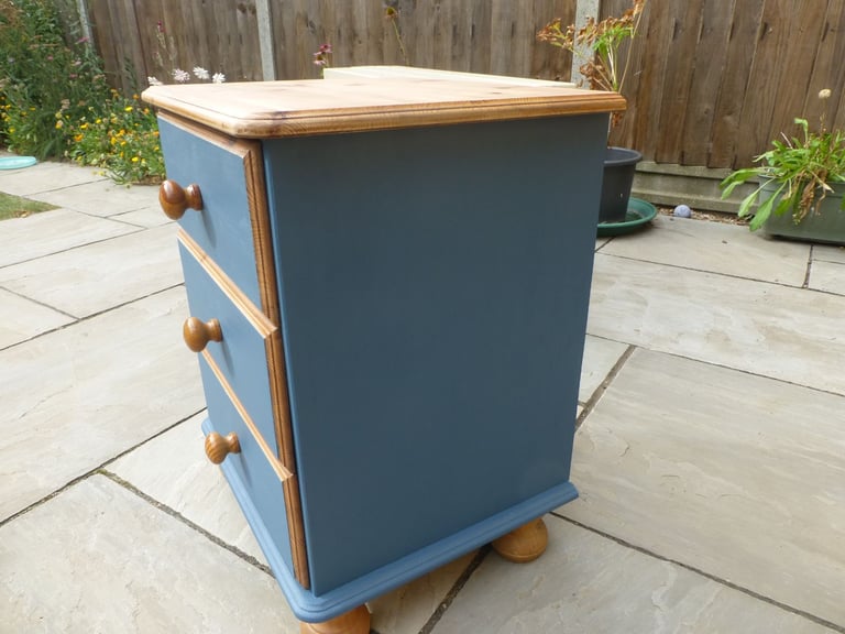 Good used condition solid pine  Blueprint blue 3 drawer unit bedside cabinet  side table