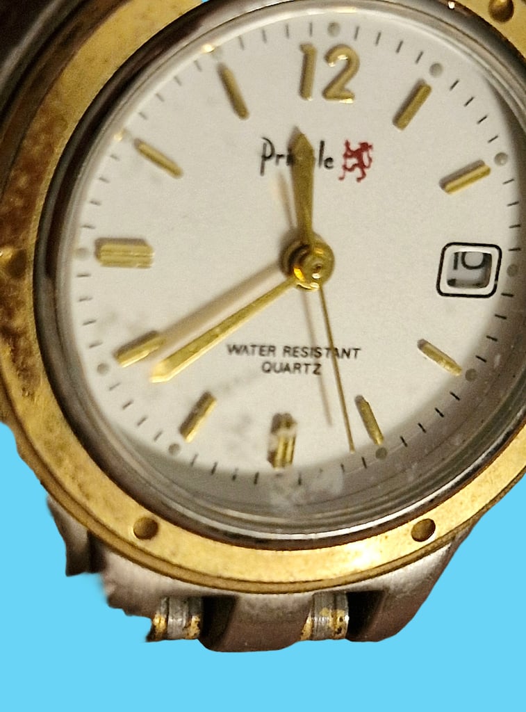 Pringle Quartz Calendar Watch, Brushed Silver+Gold Finish, Gold Numerals, vgc