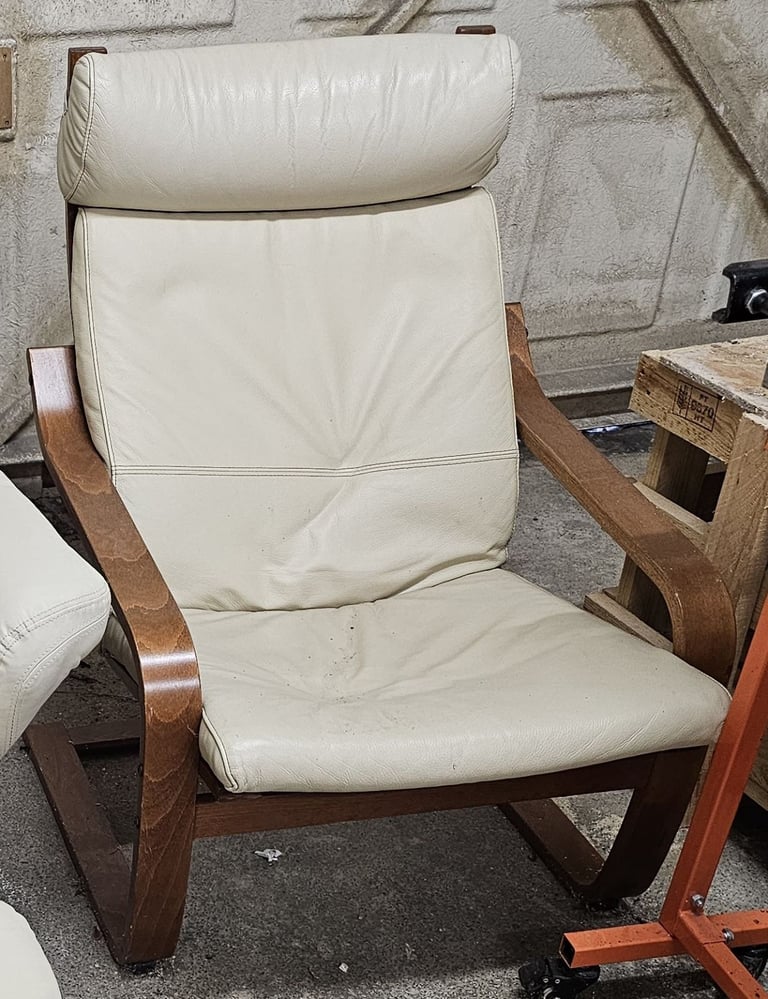 image for IKEA POANG armchair – cream leather w/ headrest, dark wood frame good condition