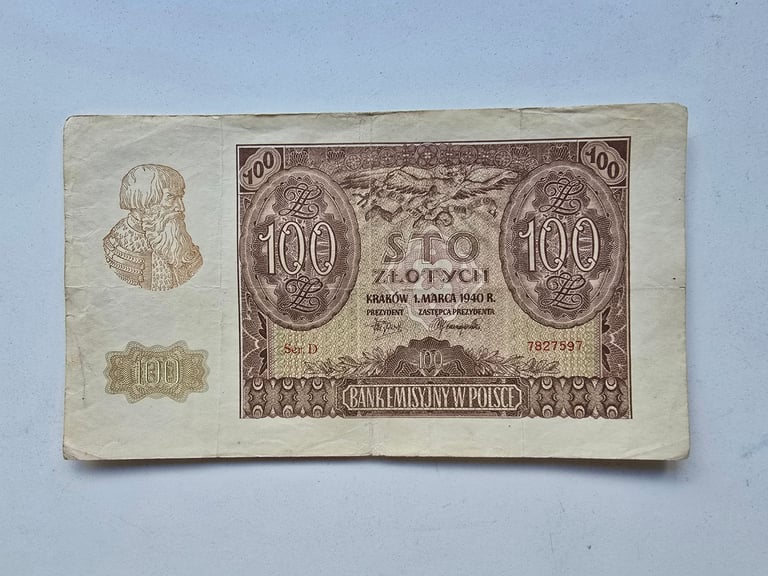 1940 Antique Poland 100 Złotych Banknote WWII Era 