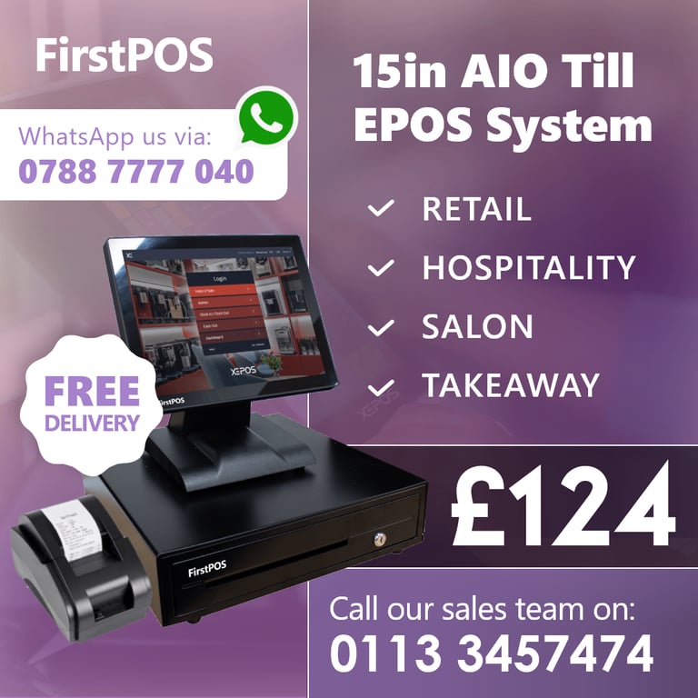  15 Inch Touchscreen EPOS POS Cash Register Till System for Retail, Hospitality, Takeaway and Salon