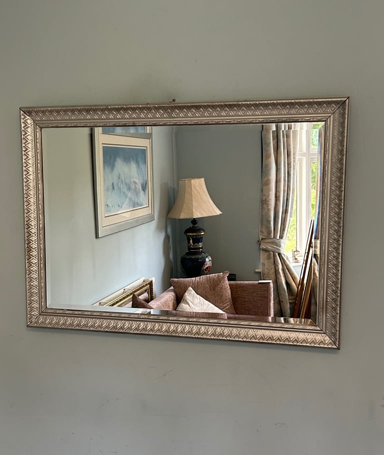 image for Vintage Silver Bevelled Mirror Detailed Design - Large  H28in/71cm W40iin/102cm Good condition  C419