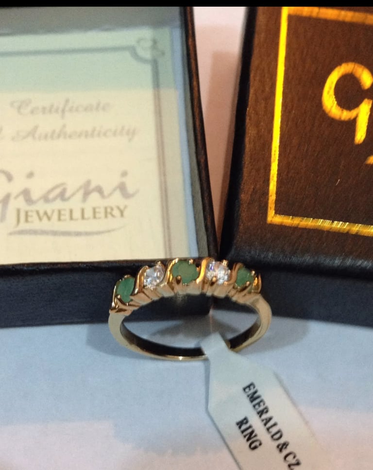 Gold Plated Alternating Emerald & Cubic Zirconia Ring Size R