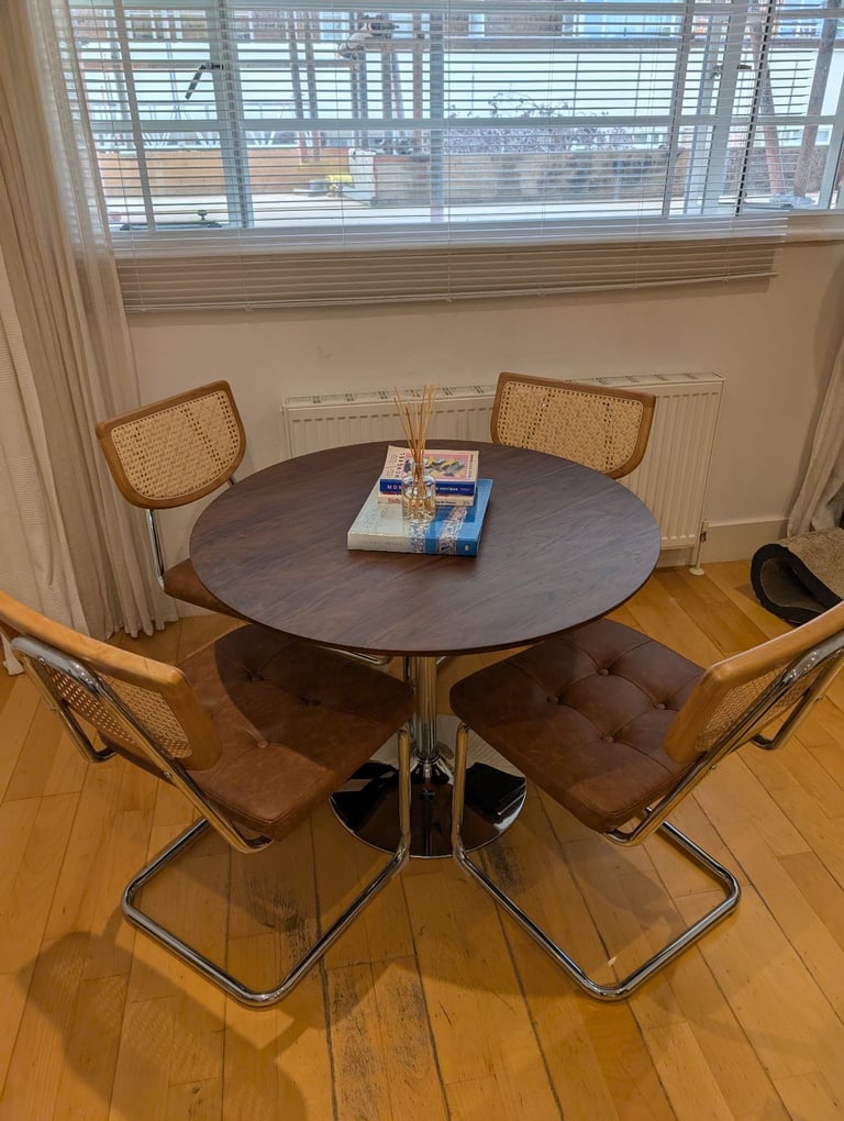 Mid century modern dining table (90cm diameter) and 4 rattan chairs