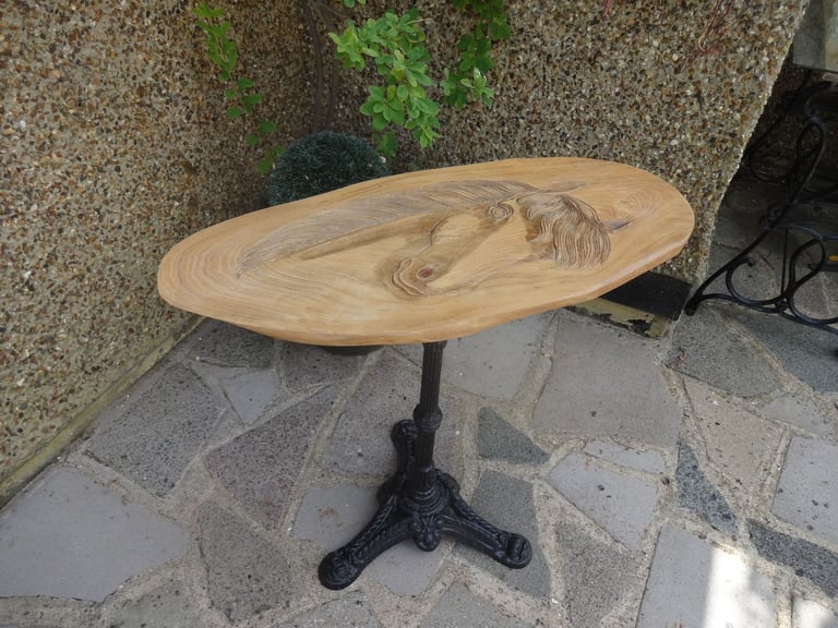 LIVE EDGE TABLE ~ CAST IRON PEDESTAL BASE WITH SLAB OF OAK TOP ~