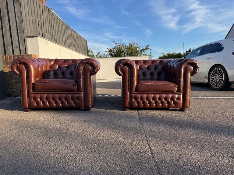 Pair of chesterfield faux brown leather club armchairs 