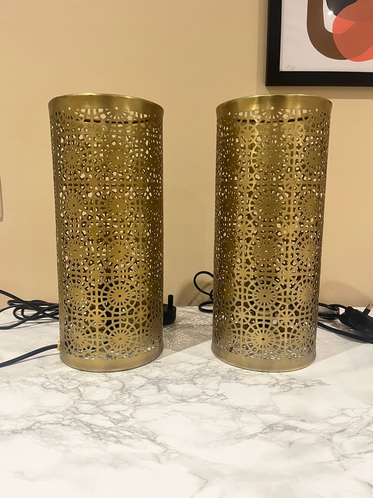 Metal Laser Cut Gold/Brass Cylinder Lamp Pair