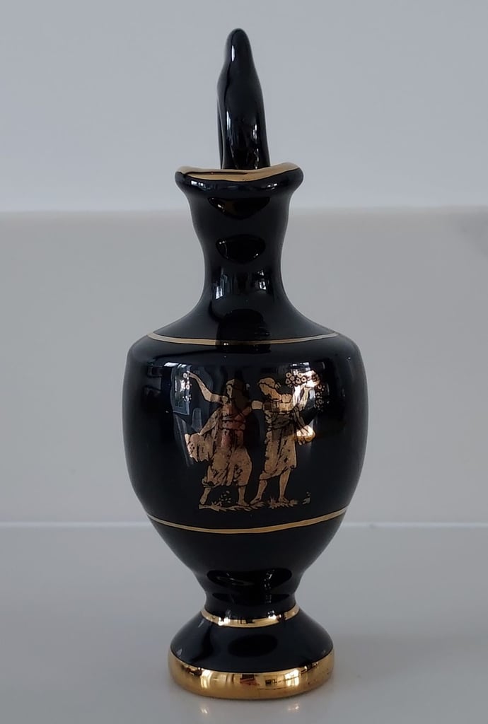 Greek Jug Urn with Tall Handle - Black with 24k Gold Handpainted Decoration